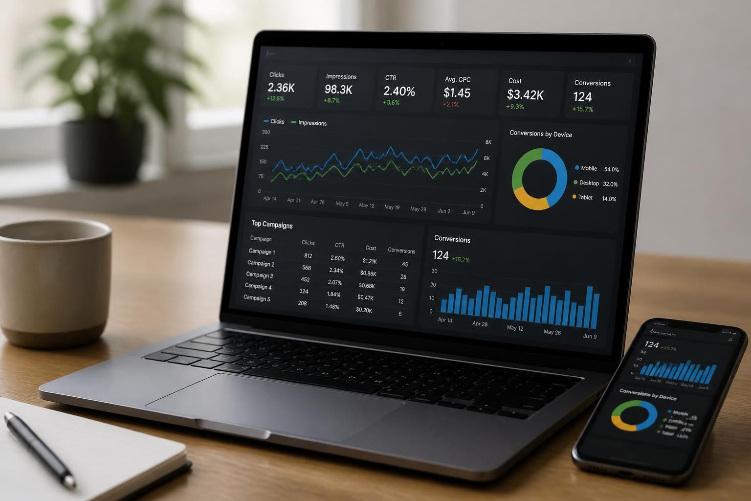 Laptop displaying a paid search dashboard in a modern workspace