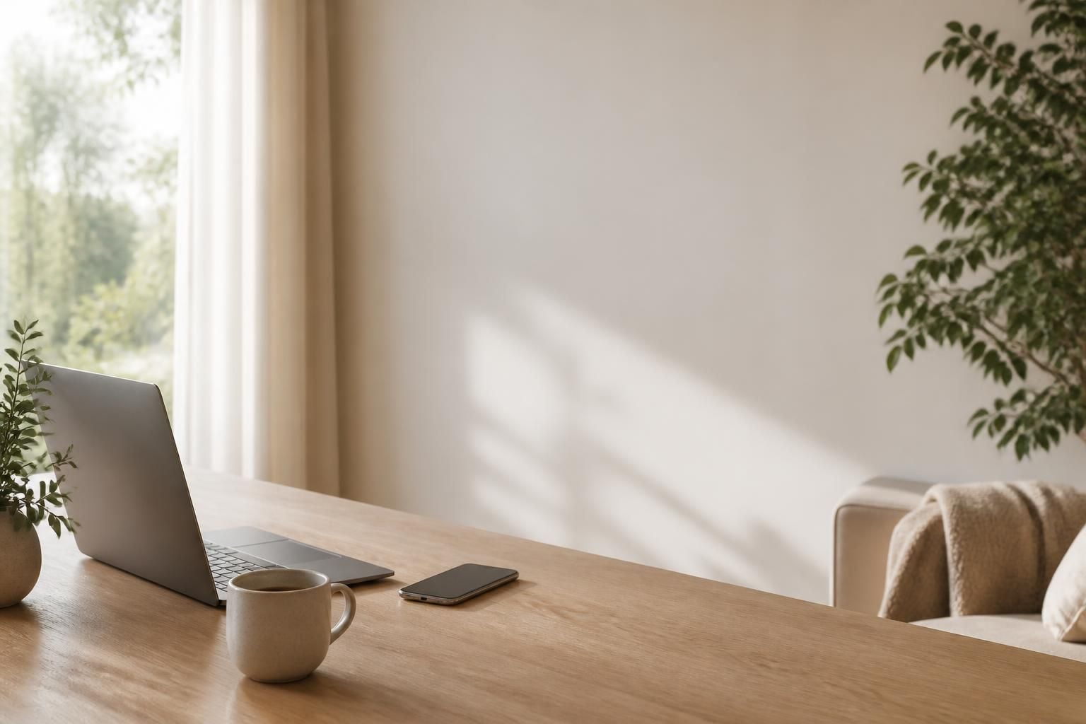 Bright modern workspace with laptop and open space for text
