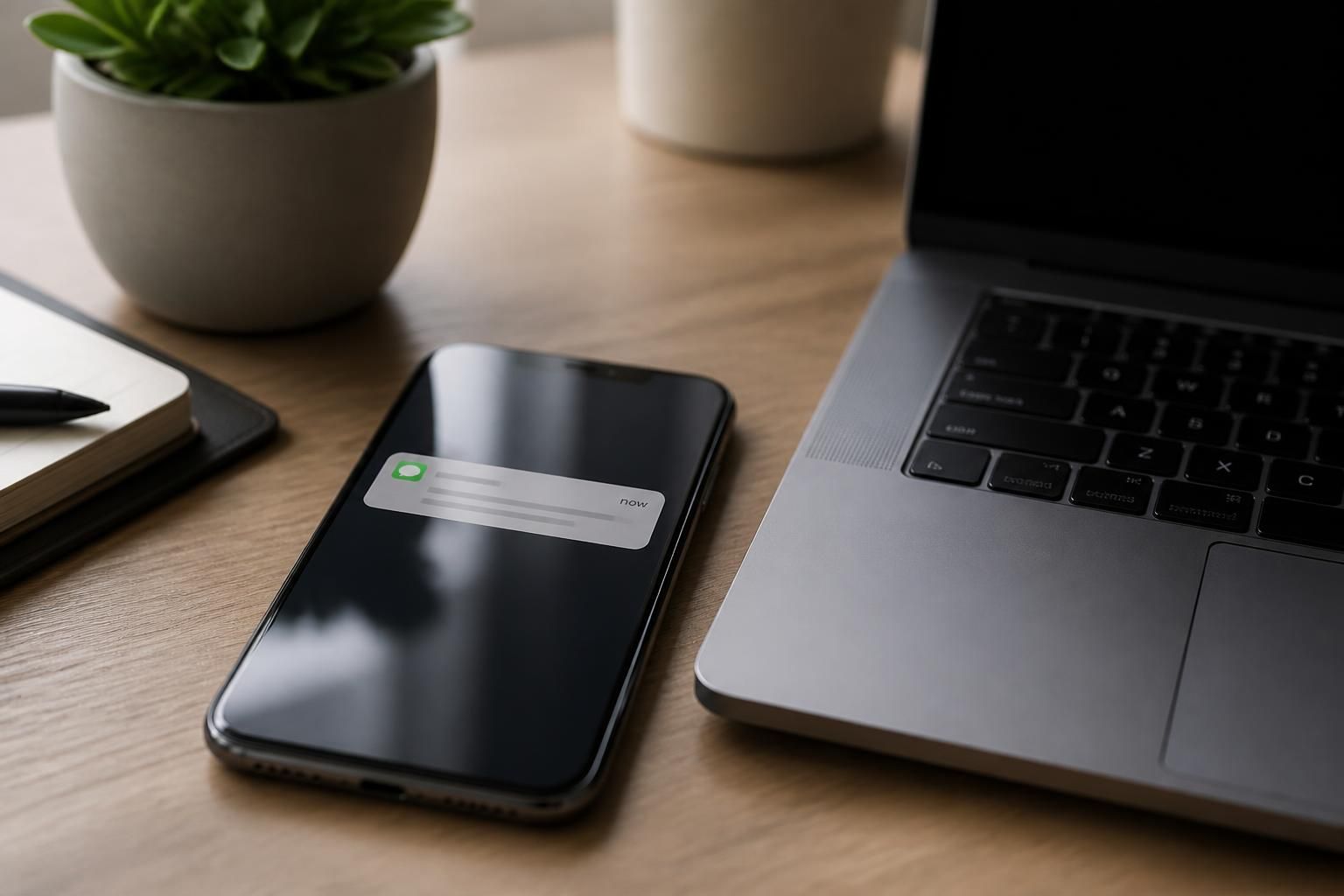Smartphone and laptop representing SMS marketing in a clean workspace