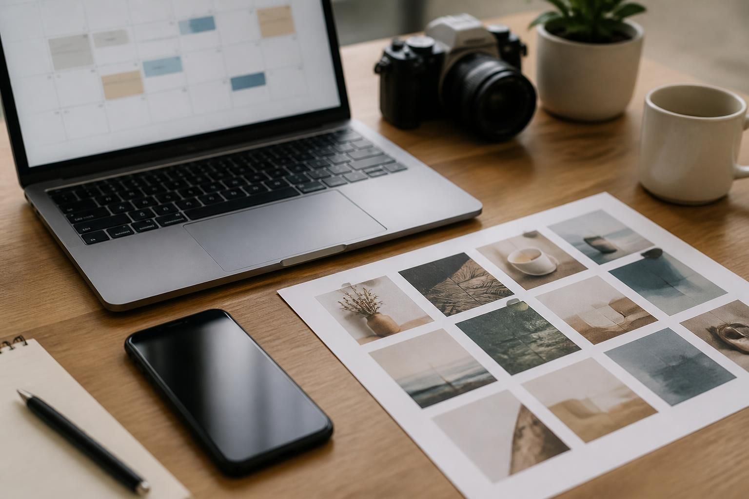 Laptop and phone with social media planning materials